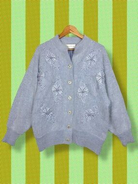 Belldini 80’s Angora Lambs Wool Pearl Rhinestone Floral Button Front Cardigan M